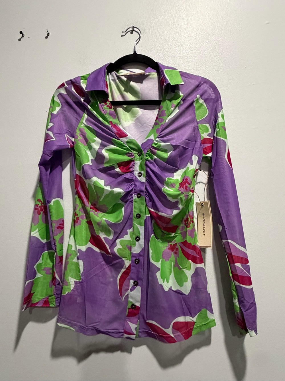Blue Velvet Floral Ruched Button-Front Top in Purple